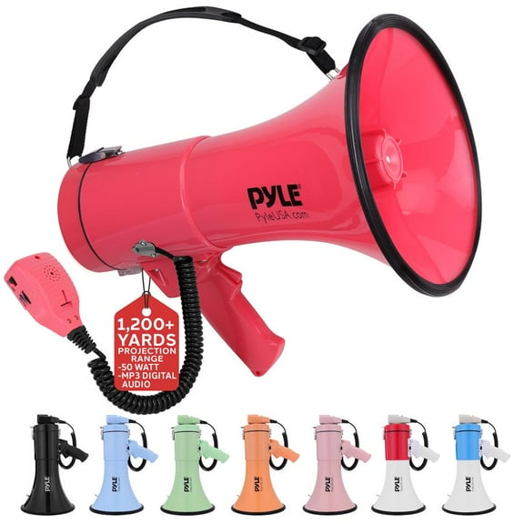 Lightweight and Portable Bullhorn Megaphone, Aux (3.5mm) Input for MP3/Music, Automatic Siren, 50-Watt, MIC/TALK (Red)