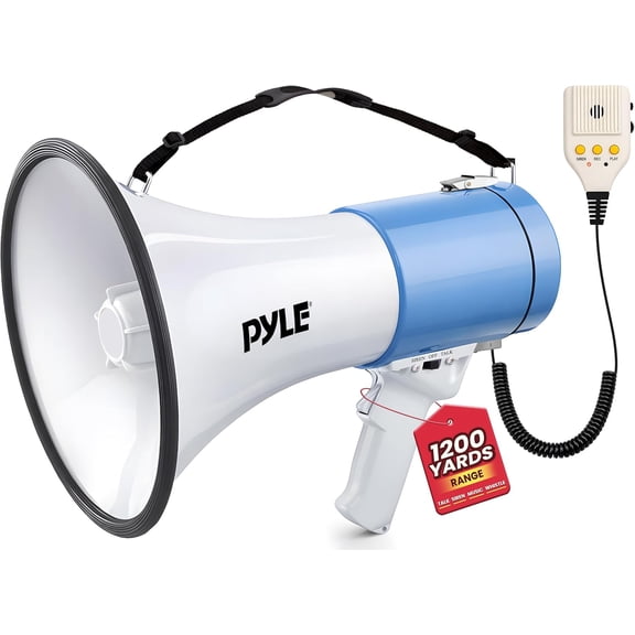 Lightweight and Portable Bullhorn Megaphone, Aux (3.5mm) Input for MP3/Music, Automatic Siren, 50-Watt, MIC/TALK (White)