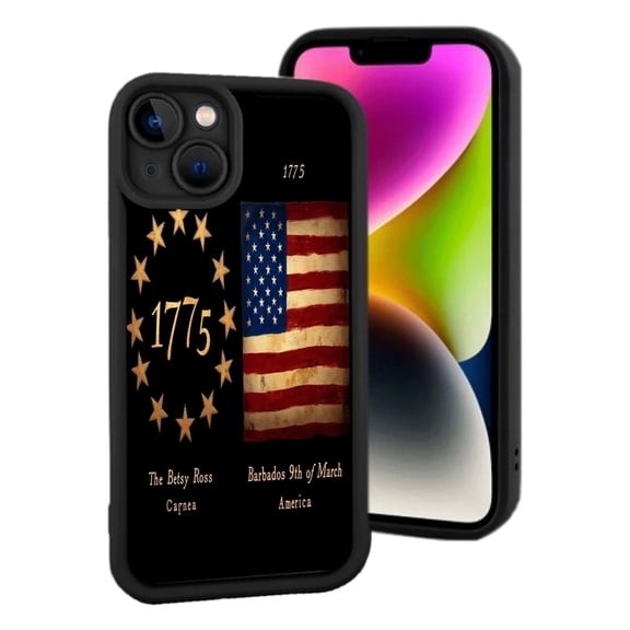 Lightweight iPhone 15 Case - Black Background with Gold Stars & ' 1775 ' Center American Flag Design Betsy Ross Inspired