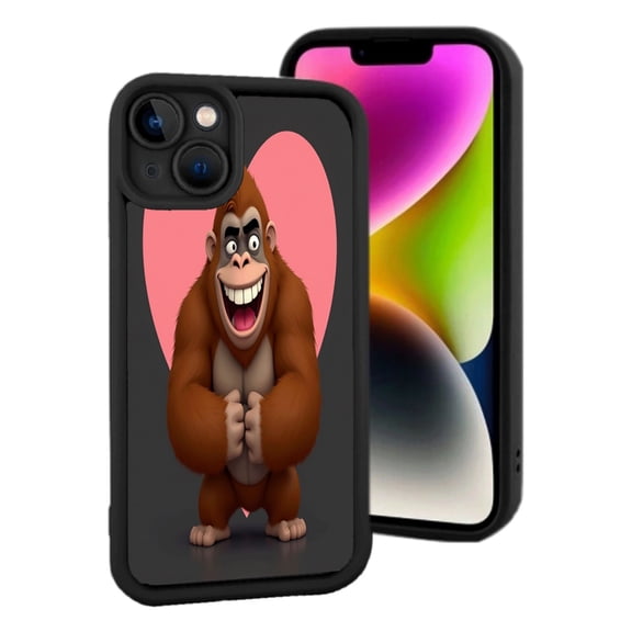 Lightweight iPhone 15 Case - Cartoon Gorilla with Heart Background Cute Design Durable Black Edges Perfect for Animal Lovers