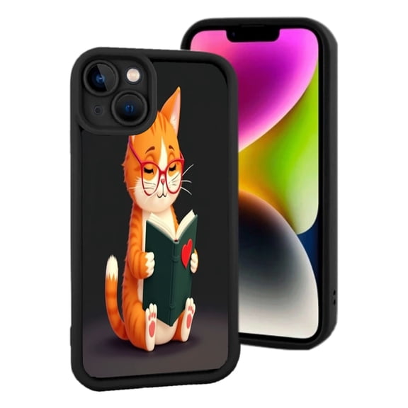 Lightweight iPhone 15 Case - Cartoon Reading a Book Orange White Stylish Dark Background Design