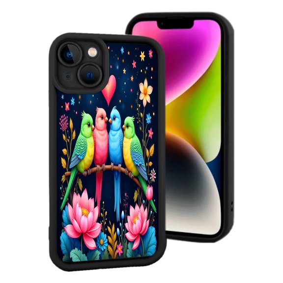 Lightweight iPhone 15 Case - Colorful Parrots on Branch with Heart Foliage & Whimsical Stars Black Border Design
