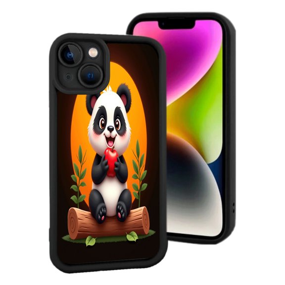 Lightweight iPhone 15 Case - Cute Cartoon Panda on with Heart Warm Orange Gradient Background Green Leaves Black Border