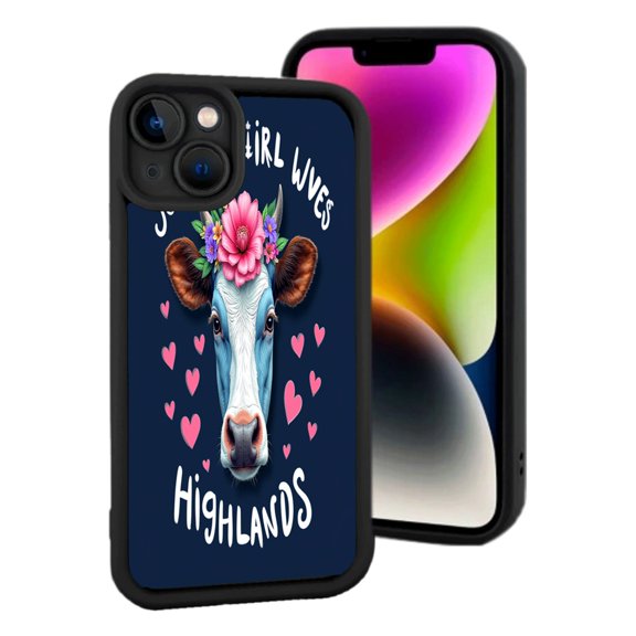 Lightweight iPhone 15 Case - Cute Cow with Pink Flower & Hearts on Dark Blue Background Playful Design for Animal Lovers