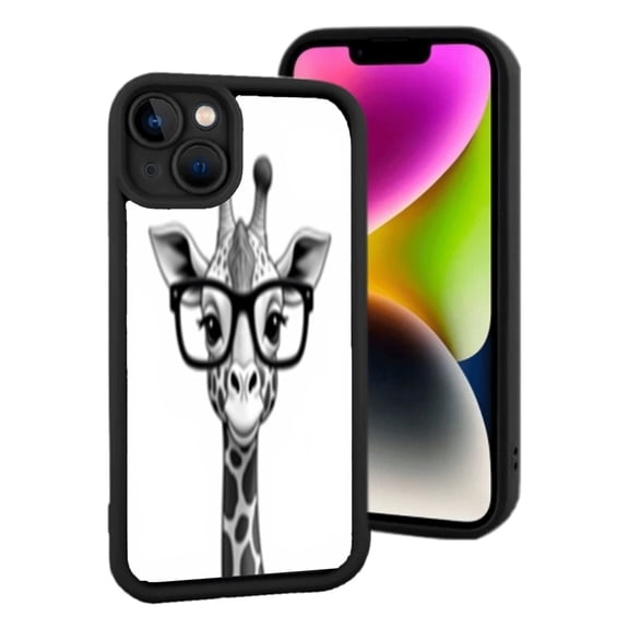 Lightweight iPhone 15 Case - Cute Giraffe with Glasses Design Friendly Cartoon Style Black Border White Background