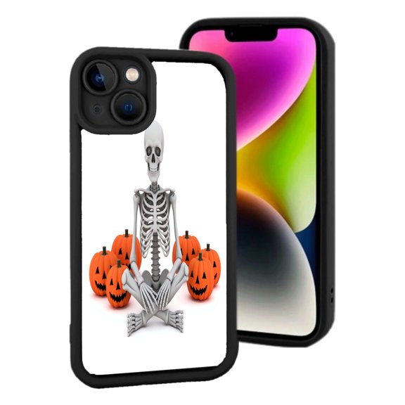 Lightweight iPhone 15 Case - Fun Skeleton & Pumpkin Halloween Pattern Fit Durable Protection Perfect for Fall Vibes