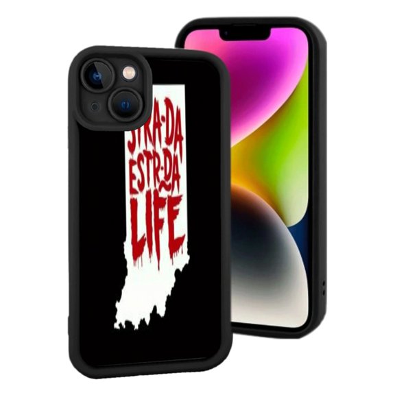 Lightweight iPhone 15 Case - Indiana Outline Design with " SIM - DA ESTRO - LIFE " in Dripping Red Font on White Background