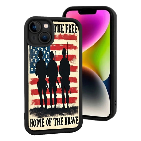 Lightweight iPhone 15 Case - Patriotic Soldiers Silhouette Design with American Flag Background - Stylish & Durable Protection