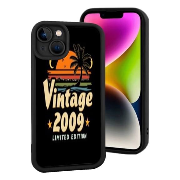 Lightweight iPhone 15 Case - Retro Sunset Ocean Design with Palm Tree & ' Vintage 2009 ' Text - Nostalgic Summer Vibe