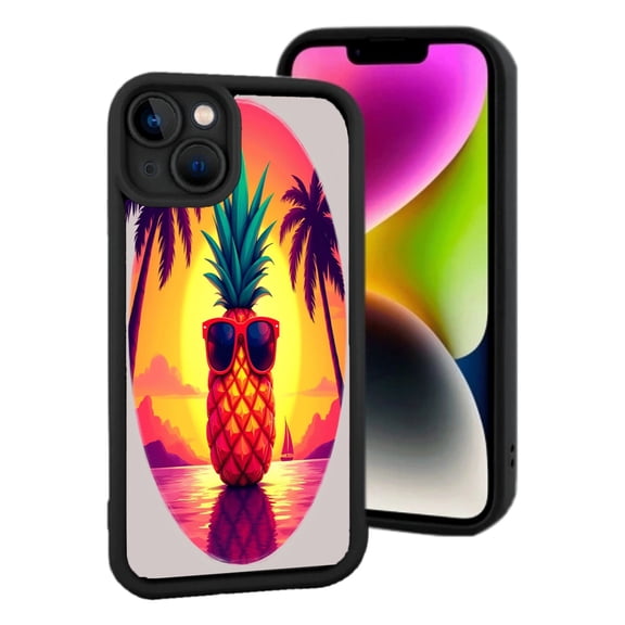 Lightweight iPhone 15 Case - Tropical Sunset Design with Pineapple in Sunglasses Reflective Surface & Palm Tree Silhouettes