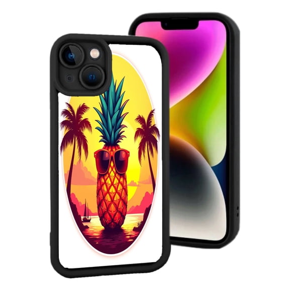 Lightweight iPhone 15 Case - Tropical Sunset Pineapple Design with Blue Crown Palm Trees & Sailboat - Perfect for Vacation Vibes