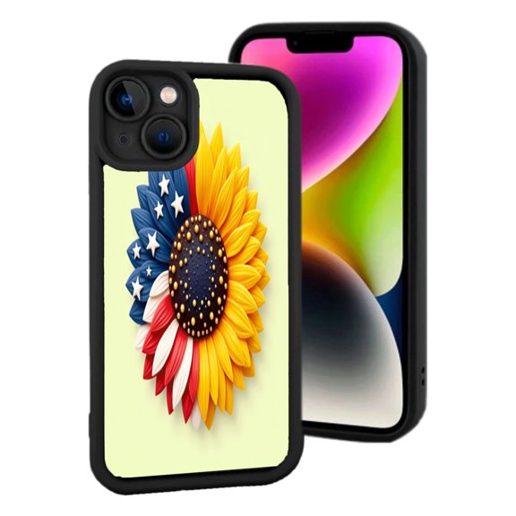 Lightweight iPhone 15 Case - Unique Sunflower Design with American Flag Petals & Solid Yellow Bloom Black Border Stylish Protection