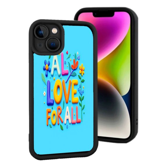 Lightweight iPhone 15 Case - Vibrant " AL LOVE FOR ALL " Design with Colorful Flowers & Leaves on Blue Background Black Border