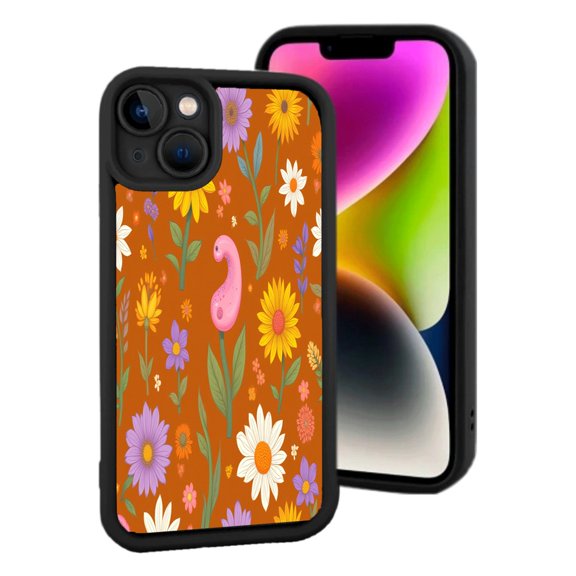 Lightweight iPhone 15 Case - Vibrant Floral Pattern with Colorful Flowers & Whimsical Pink Creature on Warm Brown Background