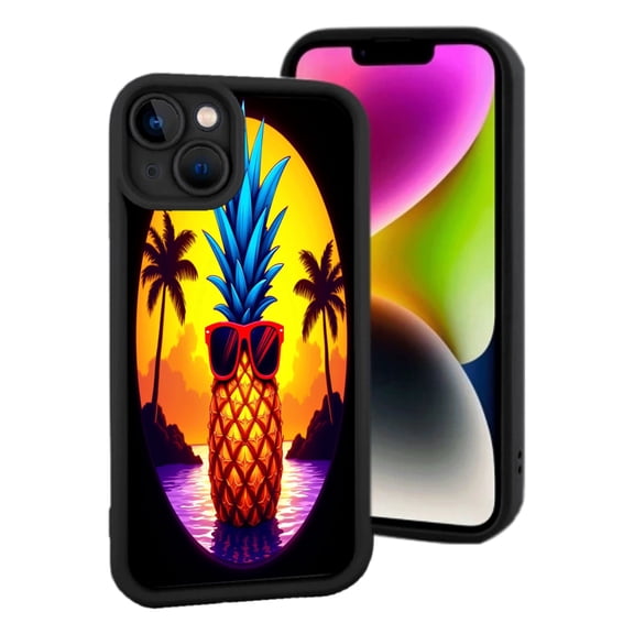 Lightweight iPhone 15 Case - Vibrant Pineapple with Red Sunglasses Design Tropical Sunset & Palm Trees Pattern Stylish & Fun