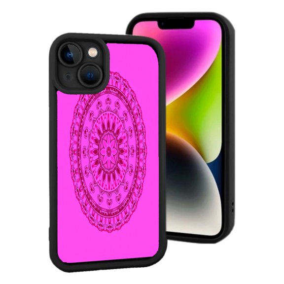 Lightweight iPhone 15 Case - Vibrant Pink Mandala Design with Intricate Floral Motifs & Symmetrical Patterns Black Border