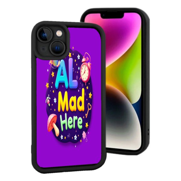 Lightweight iPhone 15 Case - Vibrant Purple Background with ' AL Mad Here ' Text Whimsical Design Featuring Rainbow Stars & More