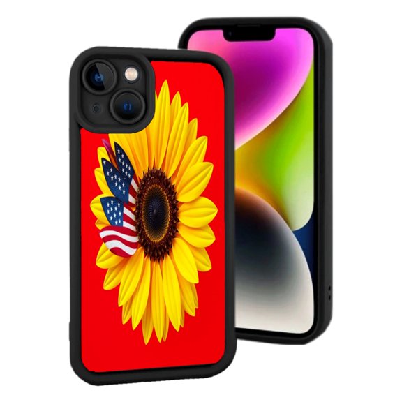 Lightweight iPhone 15 Case - Vibrant Sunflower Design with Bright Yellow Petals & American Flag on Red Background Black Border