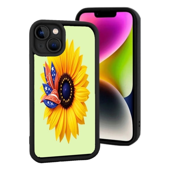 Lightweight iPhone 15 Case - Vibrant Sunflower Design with Patriotic Flag Accent on Black Background