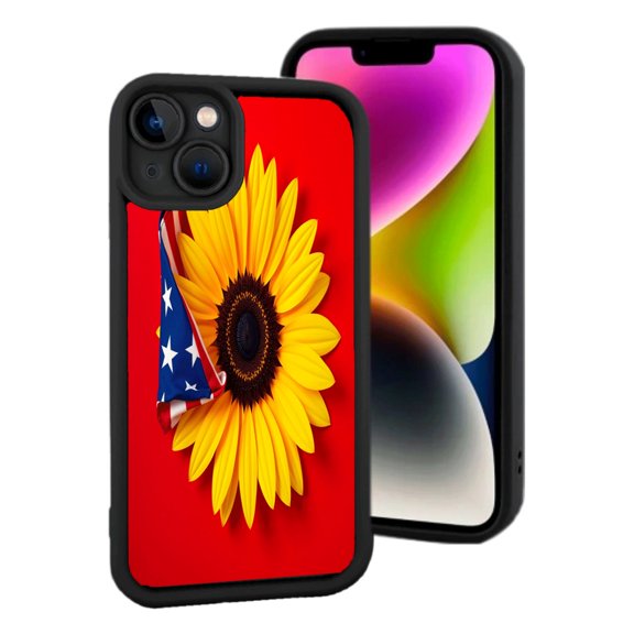 Lightweight iPhone 15 Case - Vibrant Sunflower Design with Red Background & American Flag Accent Fit with Camera Cutout