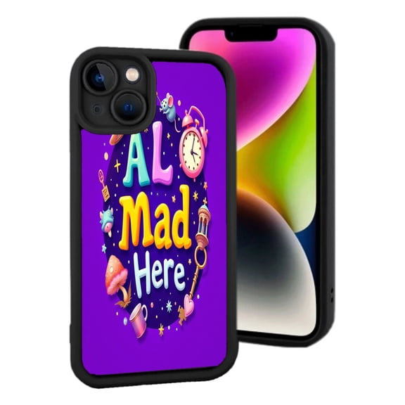 Lightweight iPhone 15 Case - Whimsical ' AL Mad Here ' Design with Colorful Letters & Playful Fantasy Elements - Perfect for Dreamers