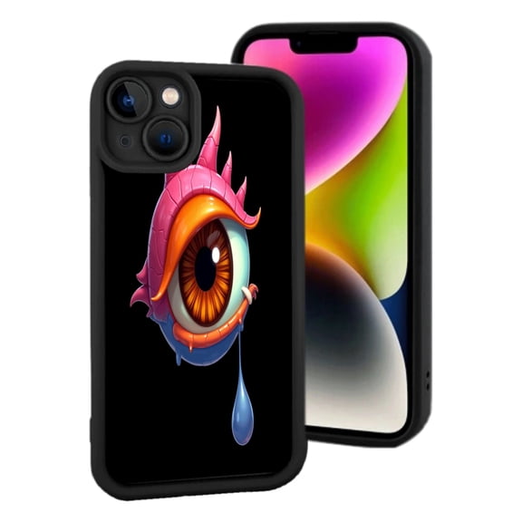 Lightweight iPhone 15 Case - Whimsical Cartoon Eye Design with Vibrant Colors Expressive Iris & Teardrop on Black Background