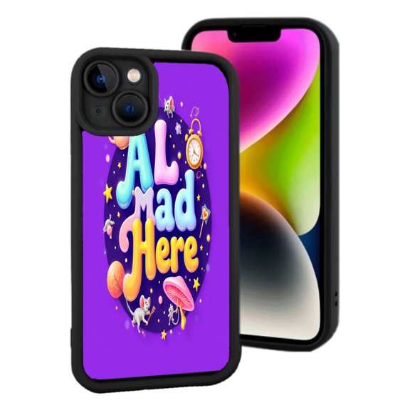 Lightweight iPhone 15 Case - Whimsical Purple Design with ' AL Mad Here ' Text Colorful Elements like Mushrooms