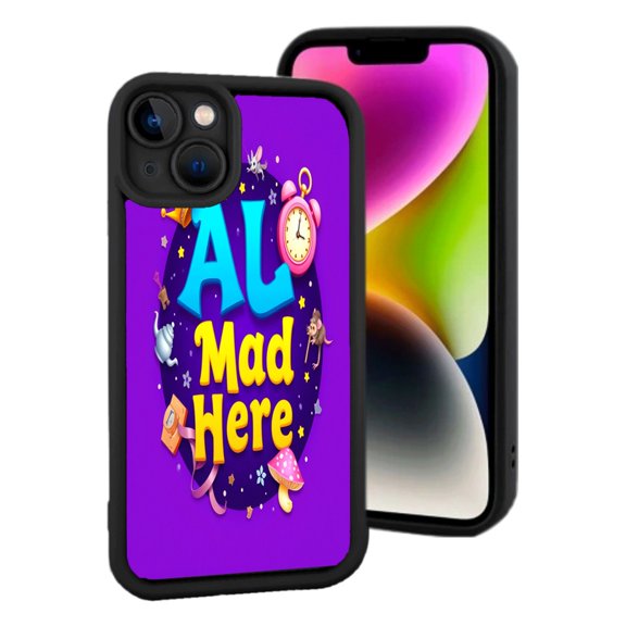 Lightweight iPhone 15 Case - Whimsical Purple Fantasy Design with Colorful ' AL Mad Here ' Text Clock Mushroom & Bird Illustrations