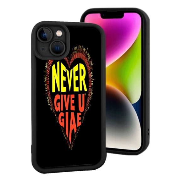 Lightweight iPhone 15 Case with Colorful Heart Design - " NEVER GIVE U GIAE " Text on Black Background Stylish & Durable