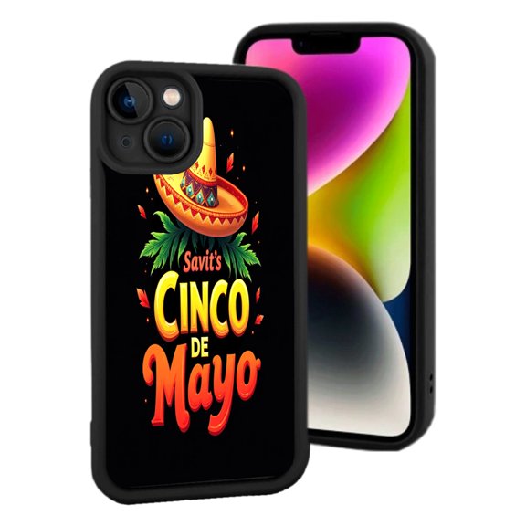Lightweight iPhone 15 Case with Colorful Sombrero & Leaf Design - Bold Vibrant Pattern on Black Background for Stylish Protection