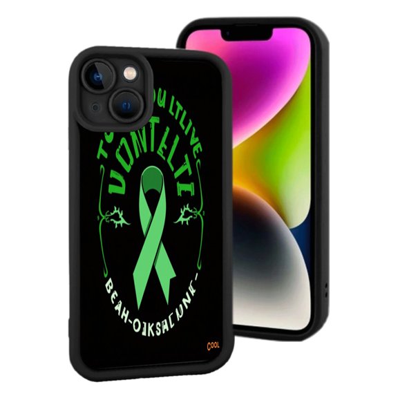 Lightweight iPhone 15 Case with Elegant Green Ribbon Design Decorative Vines and Unique TOVNTELLE & BEAH - OKSALONKA Text