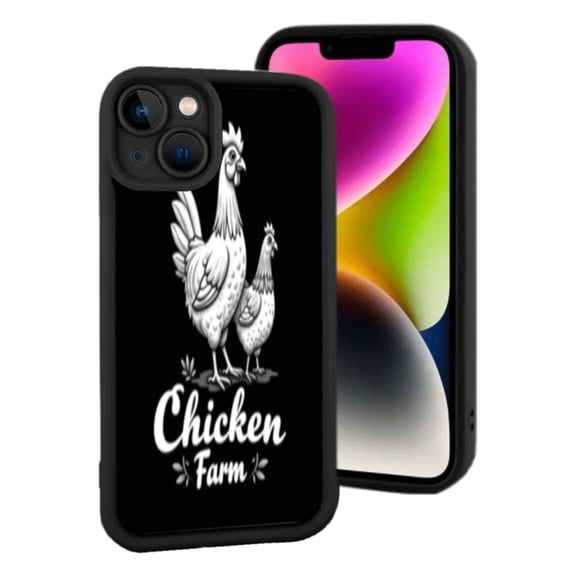 Lightweight iPhone 15 Case with Elegant White Chicken Illustration on Black Background - Perfect for Farm Lovers