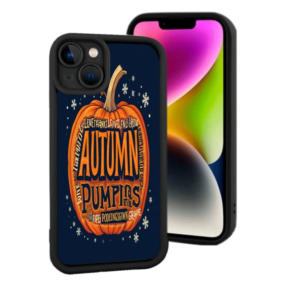 Lightweight iPhone 15 Case with Festive Autumn Pumpkin Design Circular ' AUTUMN PUMPINGS ' Text and Snowflake Accents