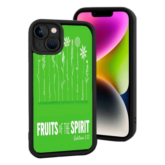 Lightweight iPhone 15 Case with Green Floral Design & Biblical Verses - " Fruits of the Spirit " Galatians 5:22 - Stylish & Protective