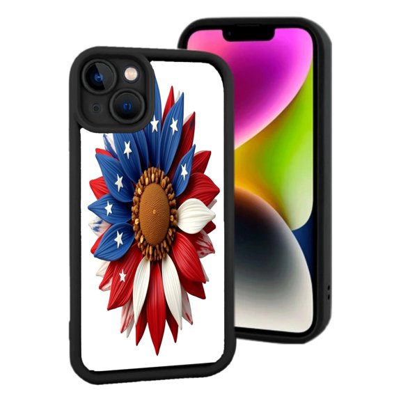 Lightweight iPhone 15 Case with Red White & Blue Sunflower Design - Patriotic Floral Pattern on Black Background