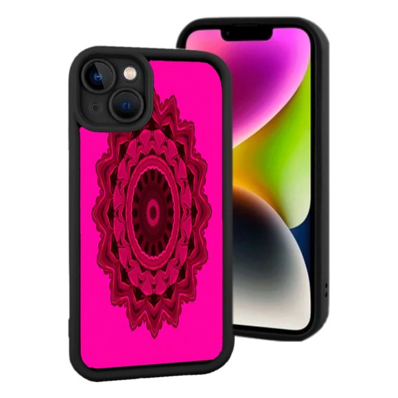 Lightweight iPhone 15 Case with Vibrant Pink Background & Intricate Symmetrical Mandala Design Framed by Elegant Black Border