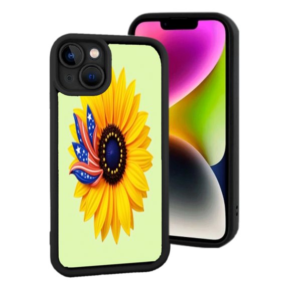 Lightweight iPhone 15 Case with Vibrant Sunflower Design & Patriotic Flag - Stylish Black Rounded Corner Protection