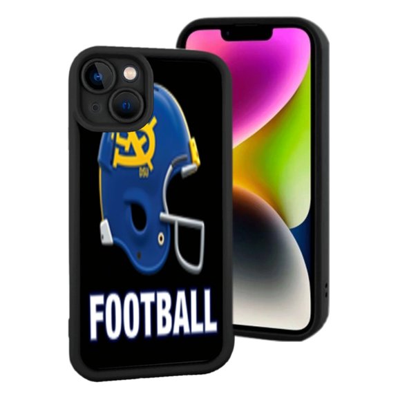Lightweight iPhone 15 Phone Case - Blue Football Helmet with Yellow Accents & Bold ' FOOTBALL ' Design on Black Background