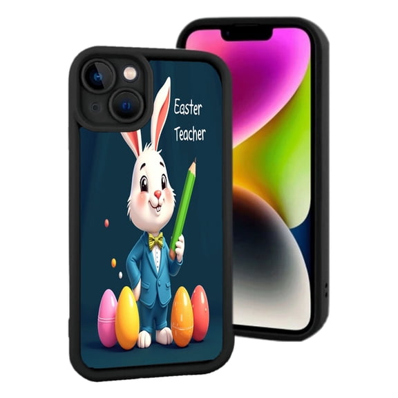 Lightweight iPhone 15 Phone Case - Cartoon Rabbit in Blue Suit with Easter Eggs Fun ' Easter Teacher ' Design on Dark Blue Background