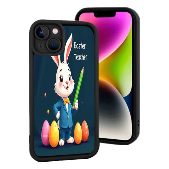 Lightweight iPhone 15 Phone Case - Cartoon Rabbit in Blue Suit with Easter Eggs Perfect for Easter Teacher Enthusiasts