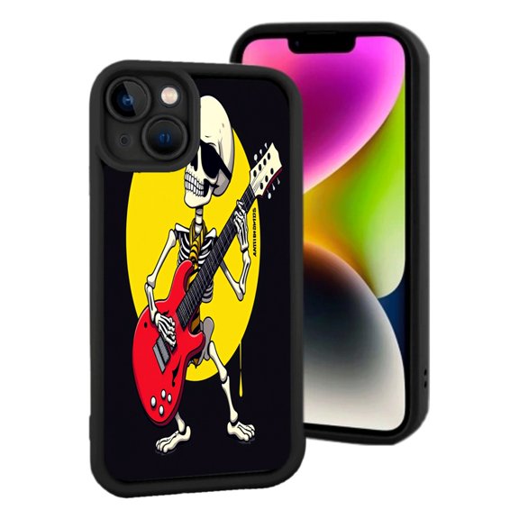 Lightweight iPhone 15 Phone Case - Cartoon Skeleton with Red Guitar & Sunglasses on Yellow Background Dripping Effect Design