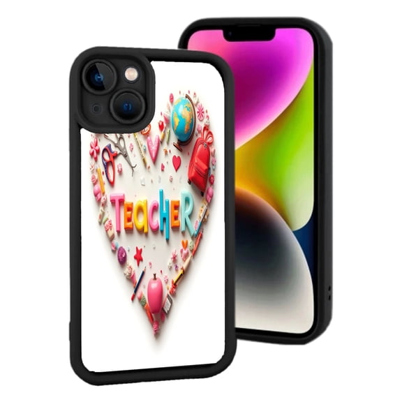 Lightweight iPhone 15 Phone Case - Colorful Heart Design with Educational Items & ' TEACHER ' in Bold Letters Black Border