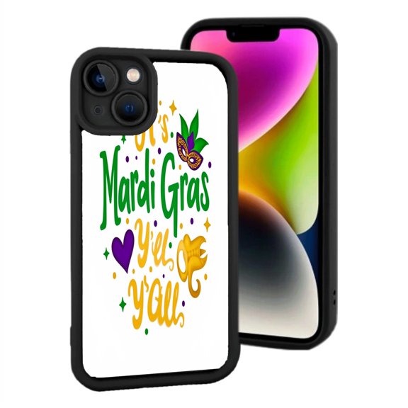 Lightweight iPhone 15 Phone Case - Colorful Mardi Gras Design with ' Mardi Gras Y ' Ve Y ' U ' Mask Hearts Black Border
