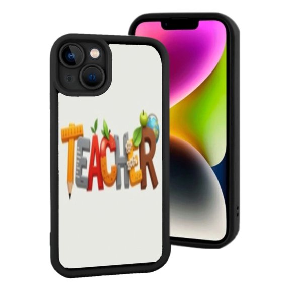 Lightweight iPhone 15 Phone Case - Colorful ' TEACHER ' Design with Educational Items & Frog - Stylish Protection for Educators