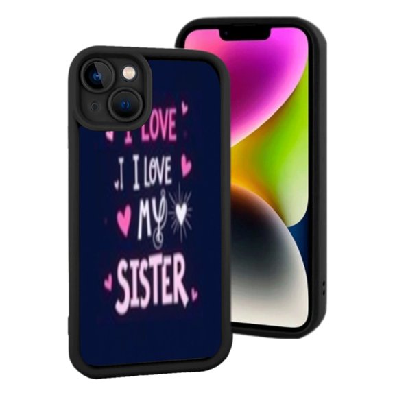 Lightweight iPhone 15 Phone Case - Dark Blue with ' I LOVE MY SISTER ' Design Pink Hearts Black Border Stylish & Fun