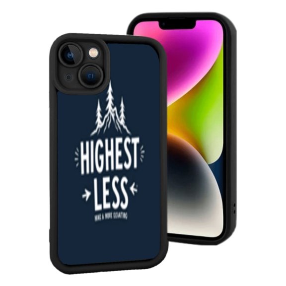 Lightweight iPhone 15 Phone Case - Dark Blue with White ' LESS ' Design Arrow Trees & Mountain Stylish & Durable