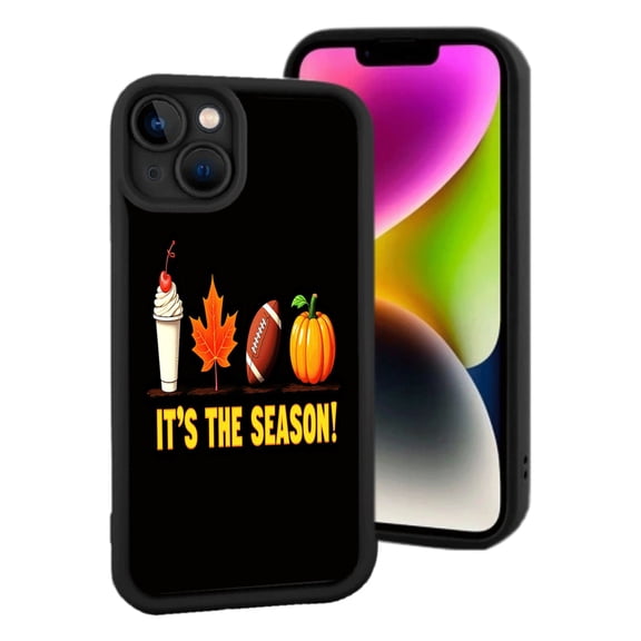 Lightweight iPhone 15 Phone Case - Fun Milkshake & Football Graphic with Cherry Bold ' IT'S THE SEASON ' Text Black Background