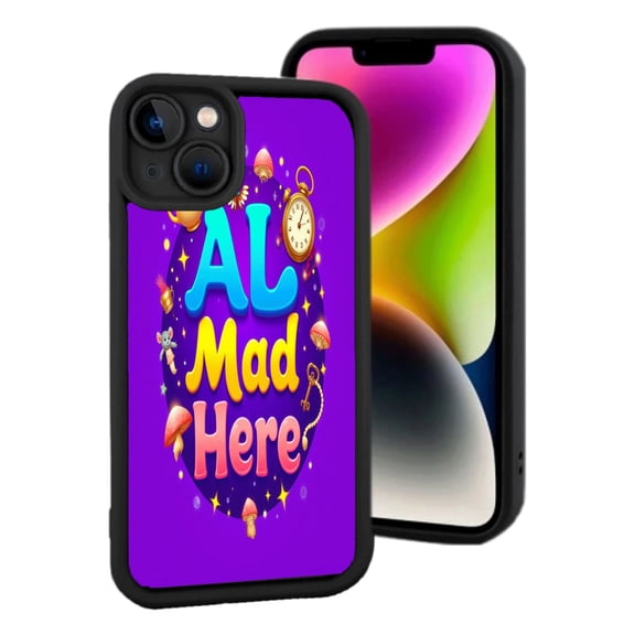 Lightweight iPhone 15 Phone Case - Vibrant Purple ' AL Mad Here ' Design with Whimsical Elements Colorful Fonts & Black Border