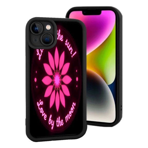 Lightweight iPhone 15 Phone Case with Black Border & Vibrant Pink Floral Design - " Love the sun " & " I love by the moon " Text