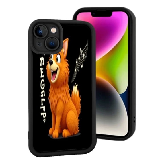 Lightweight iPhone 15 Phone Case with Cheerful Cartoon Orange Dog Design Black Background and Stylish Non - Latin Text